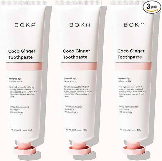 Boka Fluoride Free Toothpaste - Nano Hydroxyapatite, Remineralizing, Sensitive Teeth, Whitening - Dentist Recommended for Adult, Kids Oral Care - Coco Ginger Flavor, 4 Fl Oz 3Pk - US Manufactured