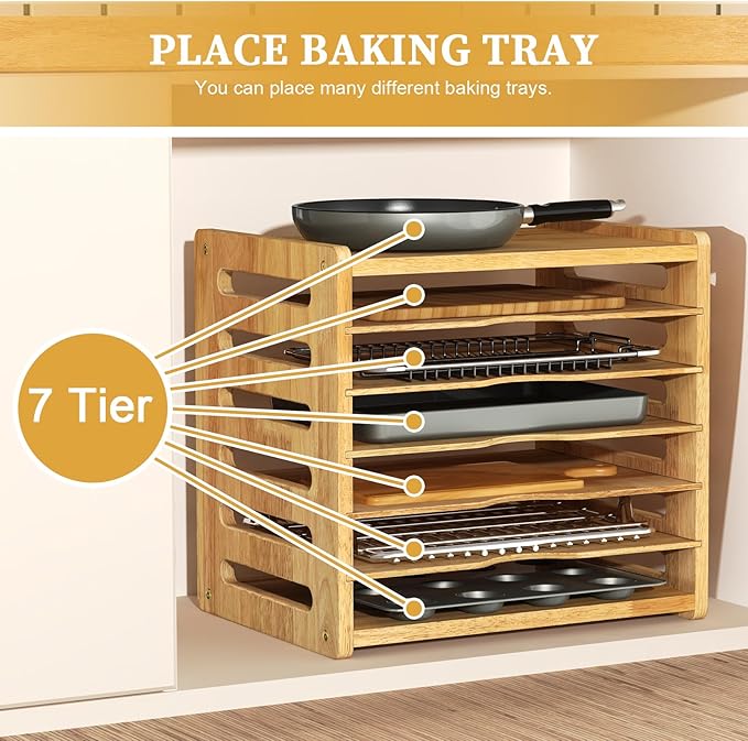 7 Tier Rubber Wood Tray Dividers for Cabinets, Heavy Weight Kitchen Vertical Tray Divider Organizer, Storing pans, Baking trays, Cutting Board(16.7" W x 16.1" H x 12.4" D)