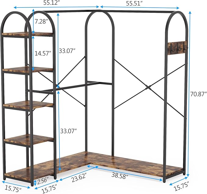 Tribesigns L Shape Clothes Rack, Corner Garment Rack with Storage Shelves and Hanging Rods, Space-Saving Large Open Wardrobe Closet for Bedroom