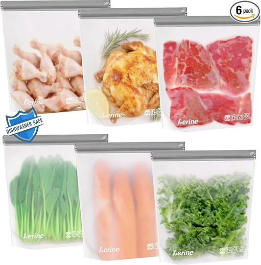 Lerine 6 Pack Reusable Freezer Bags 2 Gallon Stand-Up Dishwasher Safe, BPA-Free Reusable Gallon Bags, Leakproof Food Storage Bags for Meat Vegetables Bread Travel (Gray)