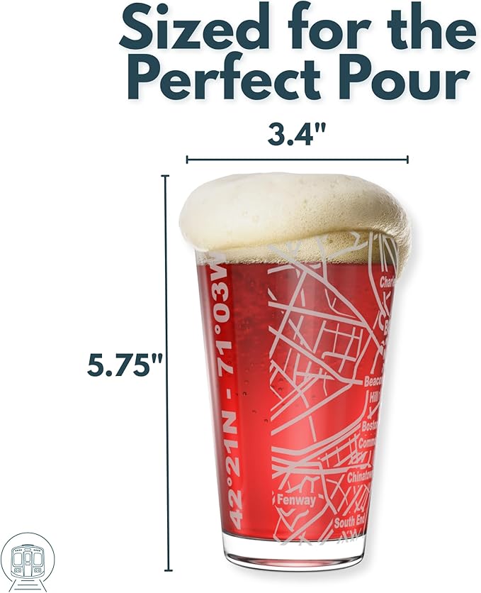 Greenline Goods – Boston, MA Map Pint Beer Glasses (Set of 2), 16 oz – Etched Wrap Design