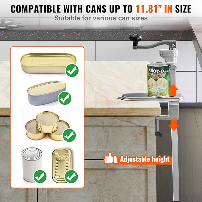 VEVOR Commercial Can Opener, Heavy-Duty Manual Tabletop Cans Opener for Cans Up to 11.8 in Height, Height-Adjustable Can Openers Fixed with Screws & Table Clamp, for Restaurant, Hotel, and Food Store