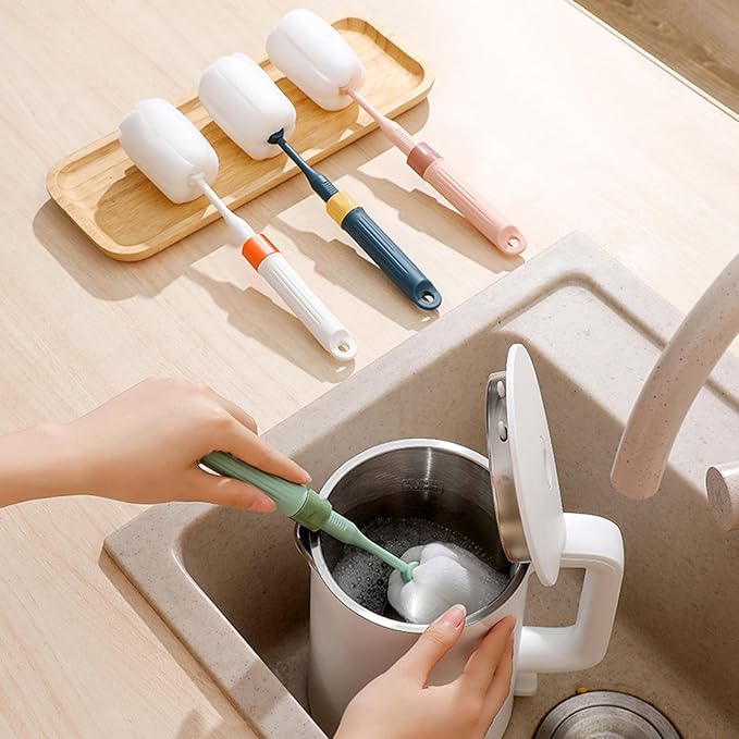 Dishwashing Foam Sponges Brush Telescopic Long Handle Scrubbing Brushes Clean Dishes, Sinks,Cookware,Coffee Glasses Pot Milk Cup Mugs Wine Bottle (4pcs)