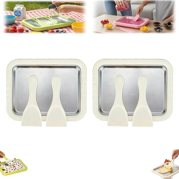 Rolled Ice Cream Maker Kit, New At-Home Stainless Steel Instant Freeze Plate with 2 Scrapers,DIY Rolled Ice Cream Tray Instant Ice Cream Maker (White-2PCS)