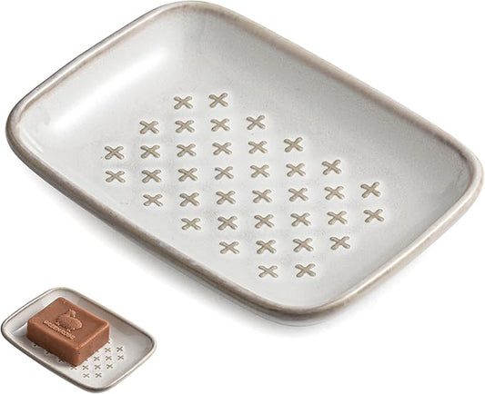 Gomakren Soap Dish, Shower Soap Holder, Christmas Ceramic Soap Dishes for Bar Soap Sponge Shampoo, Soap Saver Tray for Bathroom Kitchen Sink Counter, 5.5 Inch, Beige