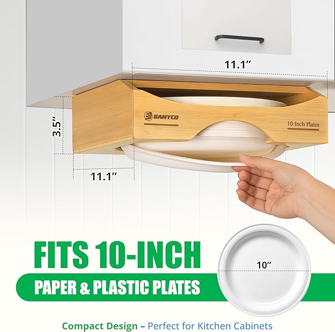 Bamboo Paper Plate Dispenser Under Cabinet for 10 Inch Paper Plates - Plate Organizer for Cabinet – Storage Paper Plate Holders for Kitchen organizer and Plastic Dinner Plates Disposable