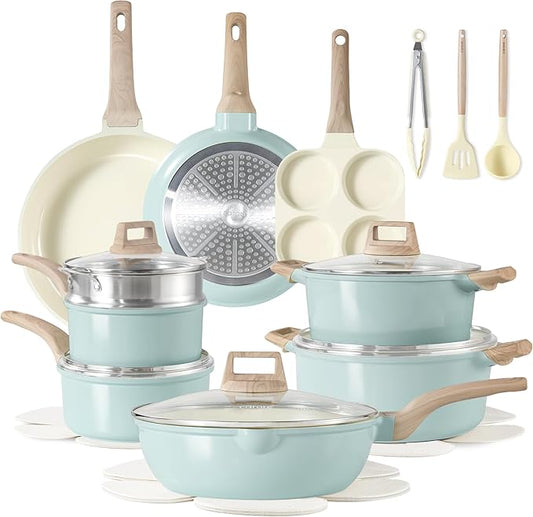 CAROTE 21-Piece Ceramic Pots and Pans Cookware Set, Non Stick Induction Cook Ware Kitchen Cooking Set Non-Toxic Health, PFAS Free