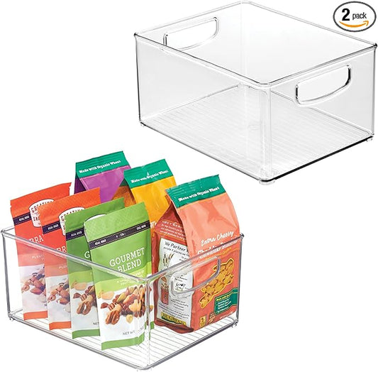 InterDesign iDesign Plastic Stackable Pantry Bin - Organizer Bin with Handles for Cabinets or Fridge - Set of 2 - Clear