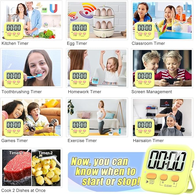 Antonki 2 Pack Digital Timer for Kids, Magnetic Countdown Kitchen Timers for Cooking, Egg, Classroom, Teacher, Exercise, Study, Oven - Battery Included