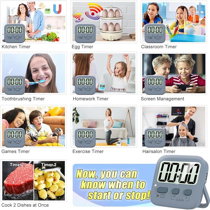 Antonki 2 Pack Digital Timer for Kids, Magnetic Countdown Kitchen Timers for Cooking, Egg, Classroom, Teacher, Exercise, Study, Oven - Battery Included