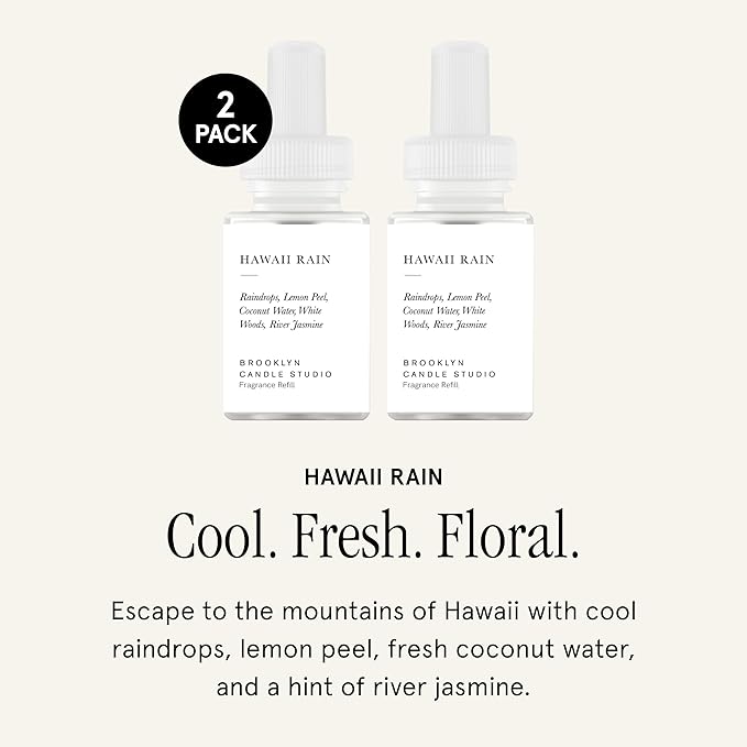 Pura & Brooklyn Candle Studio Home Scent Refill - Smart Home Air Diffuser - Up to 120-Hours of Luxury Fragrance per Refill - Home Essential - Clean & Safe Diffuser Fragrance - 2 Pack, Hawaii Rain