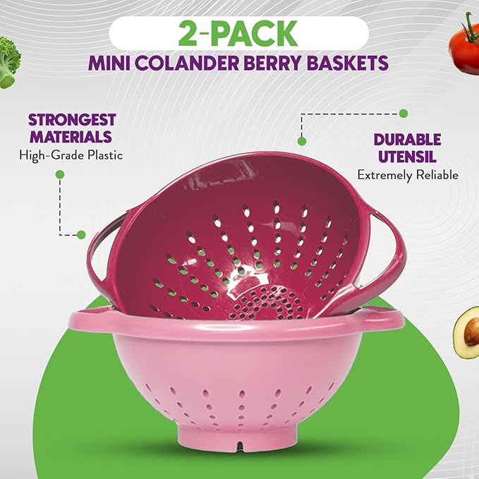 Crisp 2-Piece Mini Colander Berry Baskets With Handles - Food Strainers For Kitchen - Small Colander For Berries, Strawberry & Grape - Dishwasher Safe Berry Strainer - Made in the USA - Pink