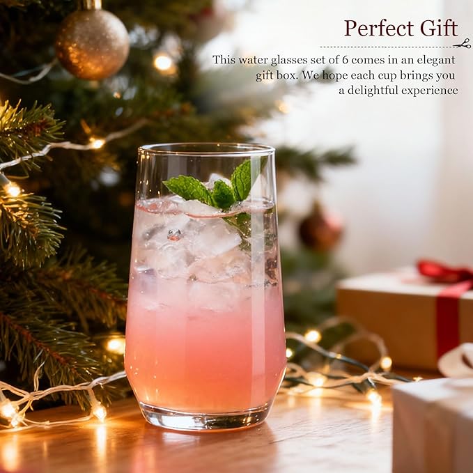 Drinking Glasses Set of 6, 16.4oz Highball Glasses, Crystal Clear Tall Water Glasses, Glass Cups for Cocktail, Juice, Iced Tea, Mojito and Smoothies, Clear Glassware Set, Christmas Gifts
