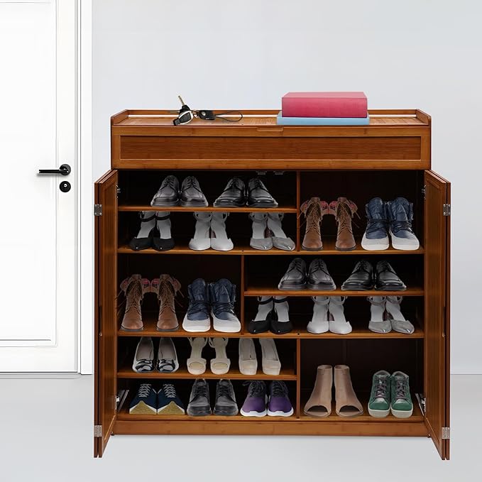 7 Tier Shoe Cabinet, 46 * 13 * 45.3in Entryway Shoe Storage Cabinet Large Bamboo Shoe Storage Cabinets Free Standing Shoes Rack with Doors for Entryway Living Room