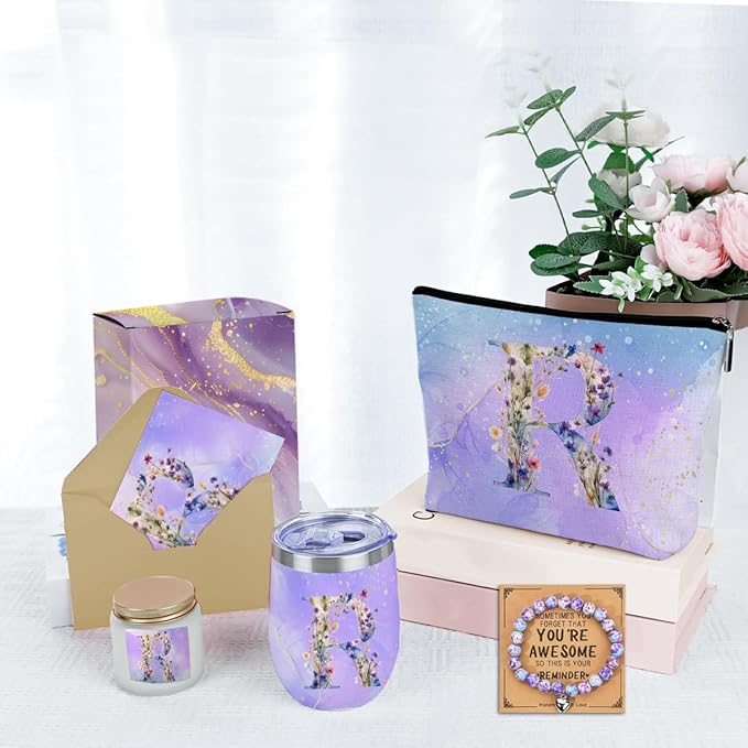 Personalized Gifts Monogrammed Birthday Gifts for Women, Mommy, Female Going Away Farewell Christmas, Initial Wine Tumbler Makeup Bag Scented Candle Bracelet Set, (Aesthetic Purple Flower R)
