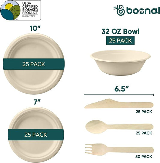 BOSNAL 10 inch & 7 inch Round Plates with 32 oz Bowls & Cutlery – 100% Plant-Based Sugarcane Bagasse, Eco-Friendly Disposable Dinnerware for Hot & Cold Meals, Microwave Safe, Durable & Compostable