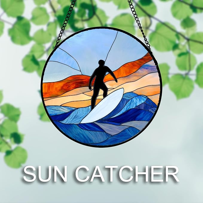 Stained Glass Window Hanging 4 Pcs Set Blue Ocean Surfing Beach 9.8" - Suncatcher Door Garden Sun Catcher Decor Birthday Mother's Day for Firefighte Men Woman Nana Mom