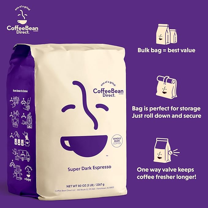 Coffee Bean Direct Super Dark Espresso, Whole Bean Coffee, Very Dark Roast, 5 Pound Bag (Pack of 1)
