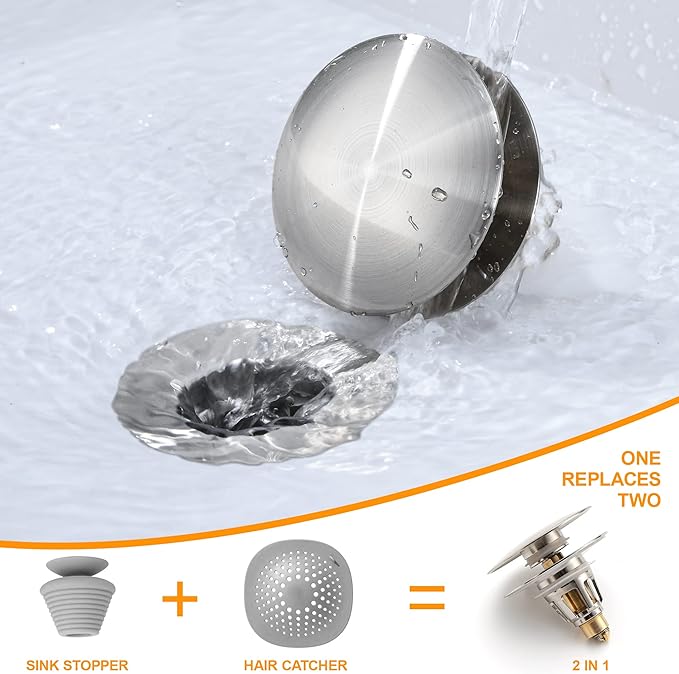 Bathroom Sink Drain Stopper 1.1~1.5 Inch, Universal Pop Up Sink Stopper, Anti-Clogging Sink Drain Strainer with Hair Catcher, Bounce Push Type Sink Drain Filter (Brushed Nickel)