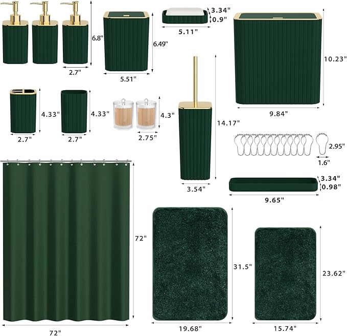 Bathroom Accessory Set - Bathroom Set, 27PC Bathroom Accessories Set, Dark Green Bathroom Sets with Shower Curtain and Rugs, Mini Trash Can, Toilet Brush, Trash Can & Soap Dispenser