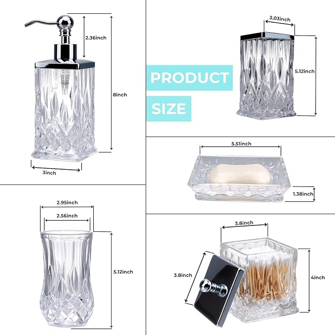 Bathroom Accessories Set,5 Pcs Clear Glass Bathroom Accessory Set,Complete Lotion Soap Dispenser,Toothbrush Holder, Soap Dish,Tumbler & Jar,Modern Bathroom Decor Sets,Gift for Home Apartment,Square