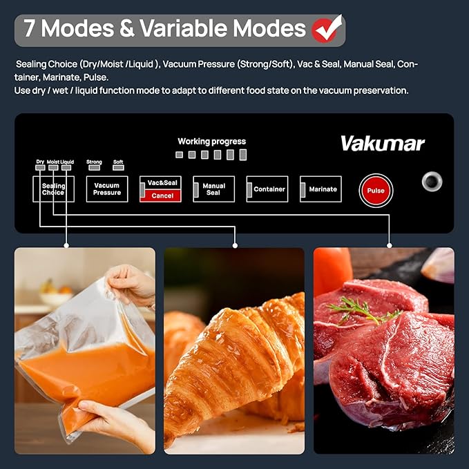Vakumar Liquid Vacuum Sealer Machine, 90Kpa Vacuum Sealer Machine Preservation Dry/Moist/Liquid Modes, LED Indicator Light, Handle Locked Design, Built-in Cutter and Bag Storage, Removable Drip Tray