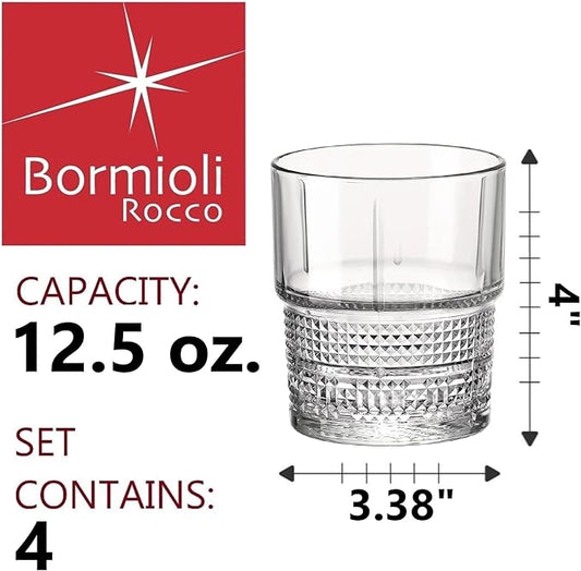Bormioli Rocco Novecento Barware DOF Glass, Stackable, Set Of 4, 12.5 oz, Clear, Vintage Design, Made In Italy.