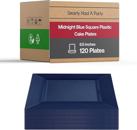 Smarty Had A Party Disposable Plastic Dessert Plates, 6.5" Heavy Duty Square Blue Salad Plates for Appetizers, Cakes, and Events, Bulk Supplies for All Occasions (120 Count)