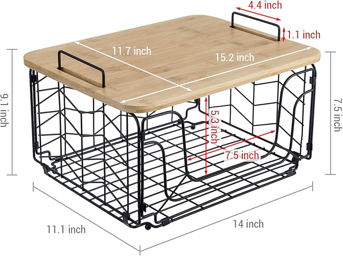 MyGift Kitchen Storage Wire Basket, Foldable Matte Black Metal Fruit and Produce Basket with Bamboo Cutting Board Lid, Pantry Counter Organization