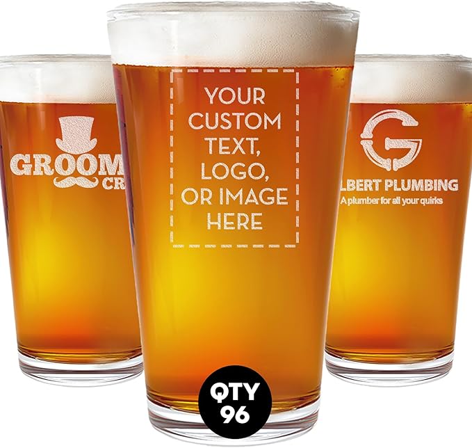 Personalized Pint Beer Glass 16oz 96 Pack – Custom Etched Drinking Glass with Your Logo – Bulk Laser Engraved Promotional Products for Business, Company Branding, Events, Weddings, Party Favors