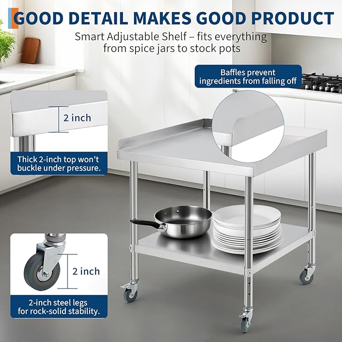 24x24x30 in Stainless Steel Equipment Grill Stand Table NSF Certified with 5 in Wheels, 400 LBS Capacity, 2 in Edge Baffle, for Hotel, Home, Commercial Restaurant Kitchen