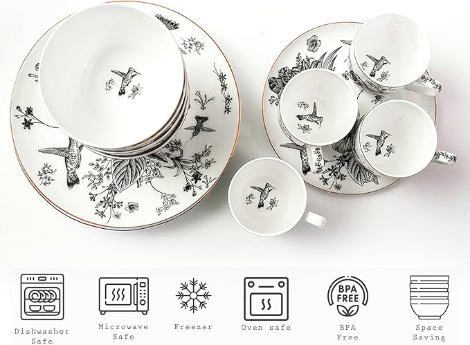 Botanic Plates and Bowls Sets Dishes Set for 4, Ceramic Plates and Bowls Set, Service for 4, Bone China Dinnerware Set Salad Dessert Plates, and Cereal Bowls Set, Microwave safe by KOKEN