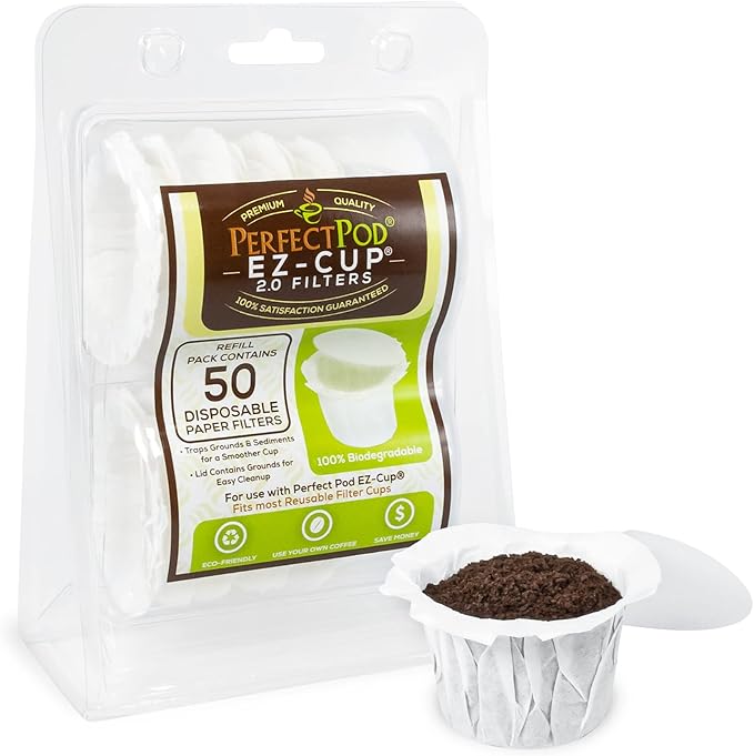 Perfect Pod EZ-Cup Paper Coffee Filters with Patented Lid for Single-Serve Coffee Brewers and Coffee Pods, Compatible with Keurig, 10-Pack (500 Filters)