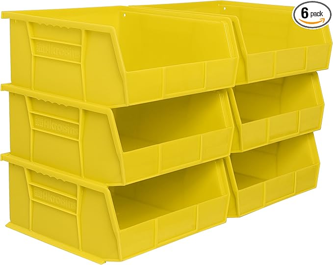 Akro-Mils 30235 AkroBins Plastic Storage Bins, Space-Saving Stackable Bins for Garage, Pantry, Craft Organization, 11" x 11" x 5", Yellow, 6-Pack