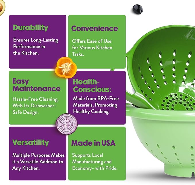 Crisp 2-Piece Mini Colander Berry Baskets With Handles - Food Strainers For Kitchen - Small Colander For Berries, Strawberry & Grape - Dishwasher Safe Berry Strainer - Made in the USA - Bright Green