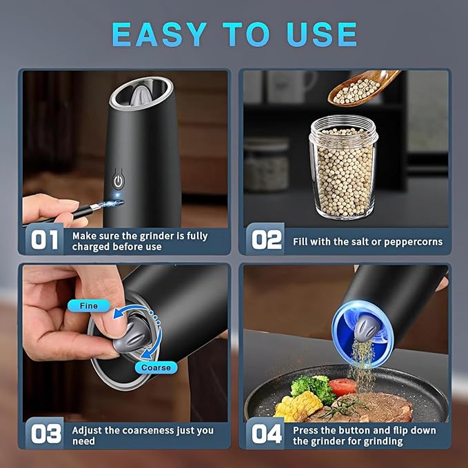 Gravity Electric Salt and Pepper Grinder Set,USB-C Rechargeable, No Battery Needed,One-Touch Automatic Shakers, Adjustable Coarseness, Kitchen Utensils for Dining Cooking(Black，2 Pack)