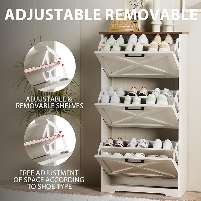 Shoe Cabinet for Entryway with 3 Flip Drawers, 3 Tier Freestanding, Slim Narrow Shoe Organizer Cabinet for Entryway, Hallway, Living Room White