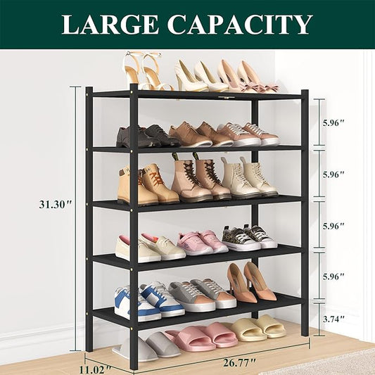 Smiry Bamboo Shoe Rack, 5 Tier Shoe Organizer for Entryway & Closet, Stackable Free Standing Storage Shelf for Shoes, Bags & Plants, Black