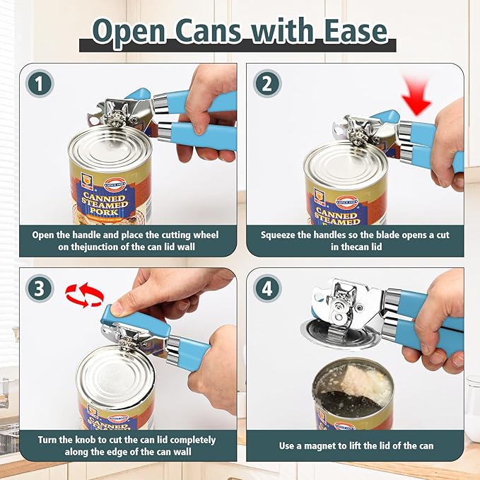 Multifunctional Heavy Duty Can Opener Manual Smooth Edge Can Opener and Bottle Openers with Magnet Durable Sharp Cutting Blade Comfortable Handle Big Effort-Saving Knob Kitchen Tool