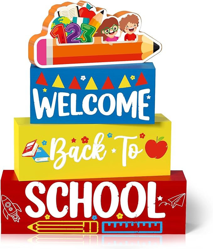 Welcome Back to School Table Decorations, 1st Day of School Wooden Block Sign Pencil Centerpieces for Party, The First Day Banner, Classroom Decor for Kids Teacher Desk Gifts, Tiered Tray and TableTop