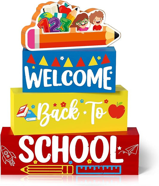 Welcome Back to School Table Decorations, 1st Day of School Wooden Block Sign Pencil Centerpieces for Party, The First Day Banner, Classroom Decor for Kids Teacher Desk Gifts, Tiered Tray and TableTop