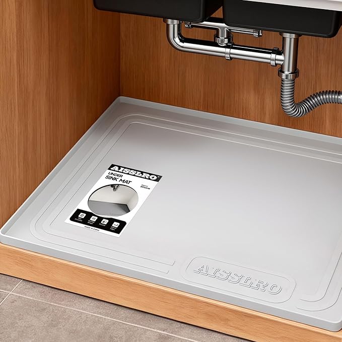 Under Sink Mat 28" X 19", Waterproof Silicone Under Sink Mats for Kitchen, Anti-Leak Shelf Liner & Cabinet Protector with Raised Edge, [BPA Free] Bathroom Tray Home Organizer, Light Grey