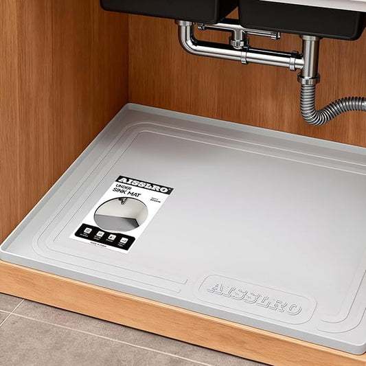 Under Sink Mat 28" X 19", Waterproof Silicone Under Sink Mats for Kitchen, Anti-Leak Shelf Liner & Cabinet Protector with Raised Edge, [BPA Free] Bathroom Tray Home Organizer, Light Grey