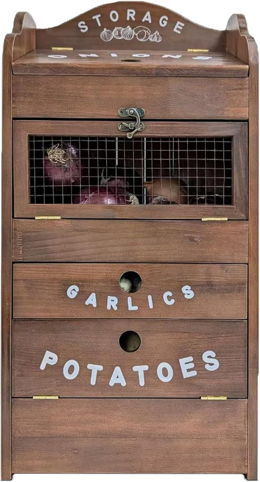 ARTAWEIN Pine Wood Veggie Bin for Potato, Onion and 1 Garlic Drawer Vegetable Box for Kitchen Storage, Solid Wood Vegetable Bin 13.77" L X 7.1" W X 29.3" H (Rustic Walnut)