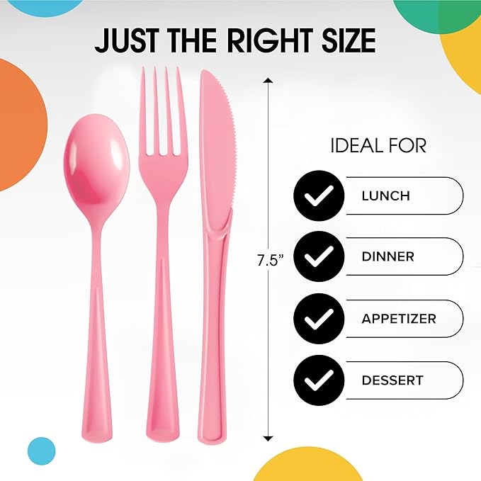 Party Solids Pink Plastic Silverware Heavy Duty 150 Pieces Pink Disposable Silverware Heavy Duty, Utensil Sets, 50 Of Each Forks, Knives & Spoons Disposable Cutlery Set For Party Supplies