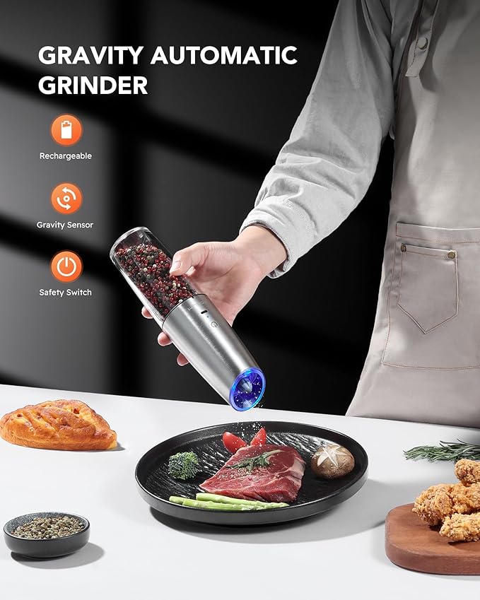 FORLIM Gravity Electric Salt and Pepper Grinder Set, USB Rechargeable 9oz Large Capacity Salt Grinder, Automatic One-Click Grinding One Hand Operated Adjustable Coarseness Pepper Mill(Silver)