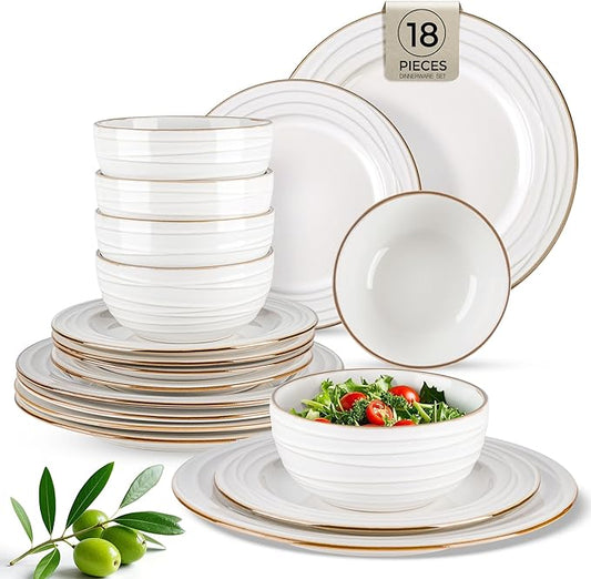 GBHOME Ceramic Dinnerware Sets,18 pcs Embossed Elegant Stoneware Plates and Bowls Sets, Housewarming Wedding Gift | Dishwasher & Microwave Safe | Dishes Set Service for 6