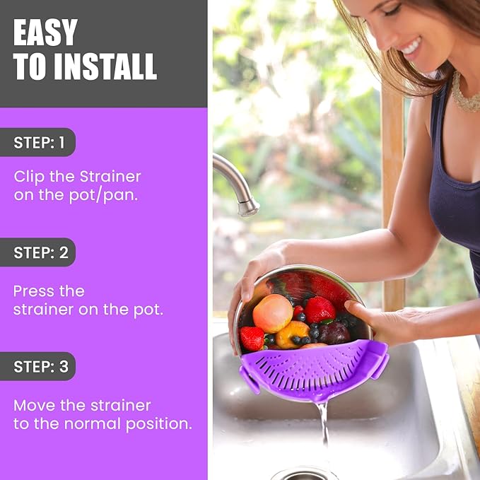Clip On Kitchen Food Strainer for Spaghetti, Meat, Pasta, & Ground Beef Grease, Colander & Sieve Snaps or Clips Onto Bowls, Pots & Pans Includes Silicone Drainer, Brush & Garlic Peeler (Purple)