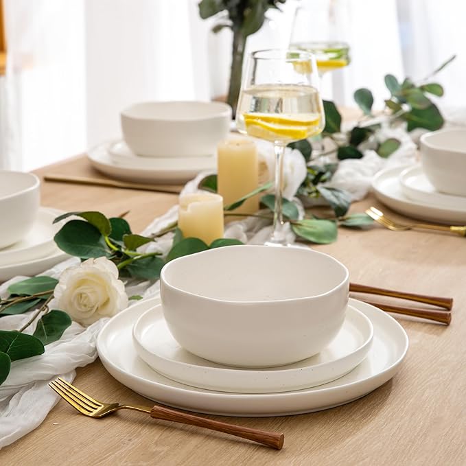 AmorArc Ceramic Dinnerware Sets, Wavy Rim Stoneware Plates and Bowls Sets, Highly Chip and Crack Resistant | Dishwasher & Microwave & Oven Safe Dishes set, Service for 4 (12pc)-Matte Speckled White
