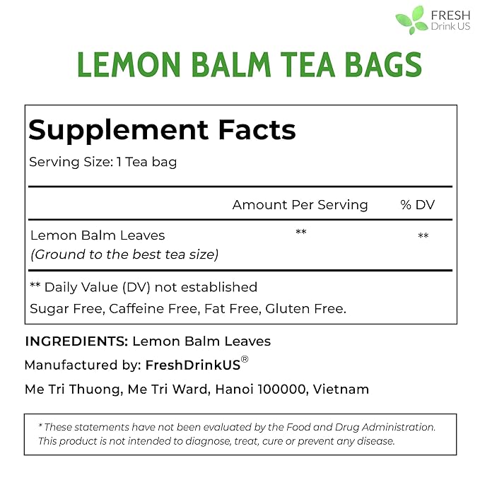 FreshDrinkUS, Premium 120 Lemon Balm Leaf Tea Bags, 100% Natural & Pure from Lemon Balm Leaves. Loose Leaf Herbal Te. No Sugar, No Caffeine, No Gluten, Vegan.